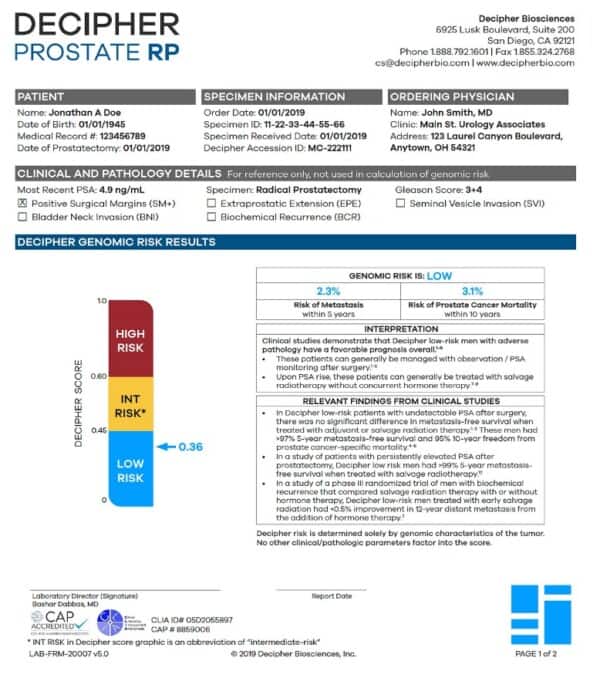 Image of page one of the Decipher RP patient sample test results.